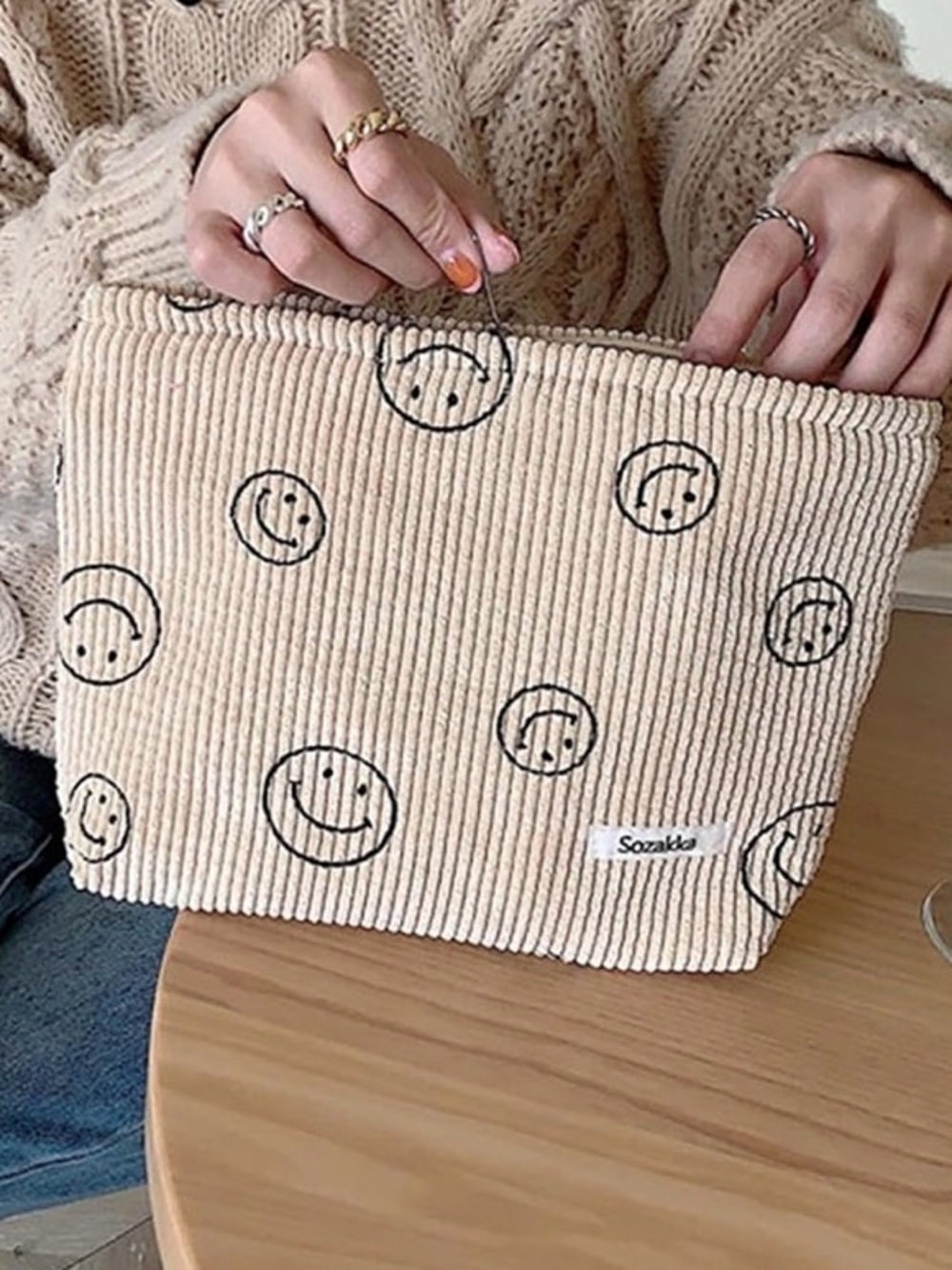 Corduroy Cosmetic Makeup Bag Smile Print